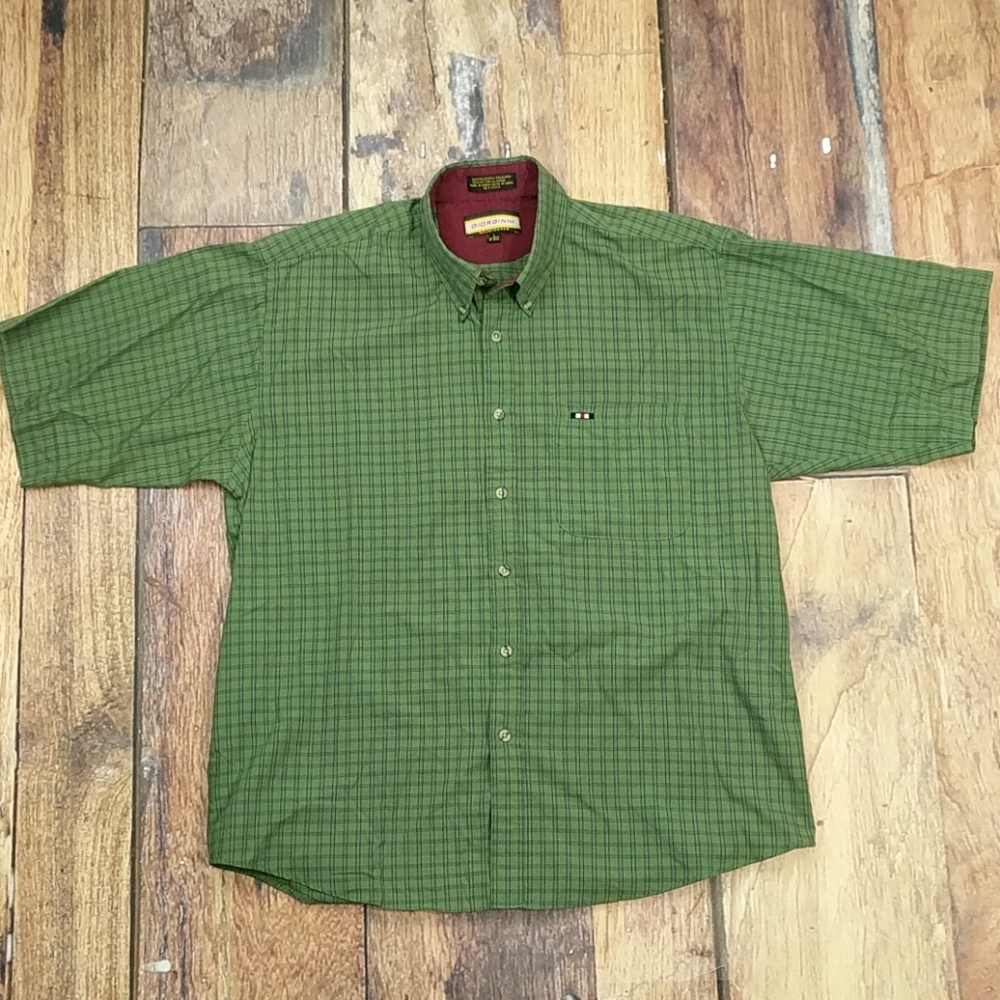 VTG Giorginni Sportswear Short Sleeve Button Down Green w/ Blue Stripes Size Lg